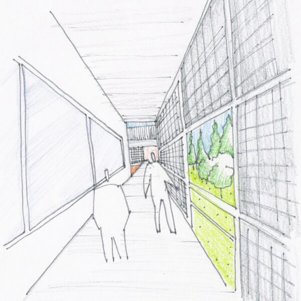 Estudo do fechamento em tela metálica dos edifício proposto do Complexo multiuso possibilitando privacidade, proteção solar e visibilidade do entorno.