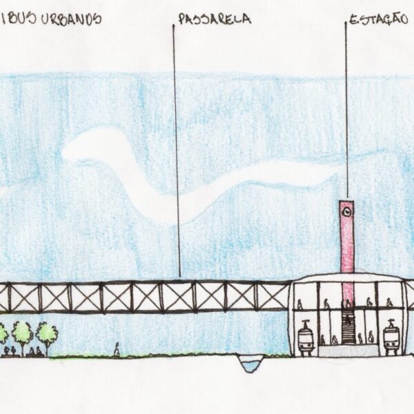 Croqui de Concepção para a nova Estação de Trem de Cesar de Souza e a conexão com o Parque / Terminal de Ônibus urbano e o Complexo Multiuso proposto.