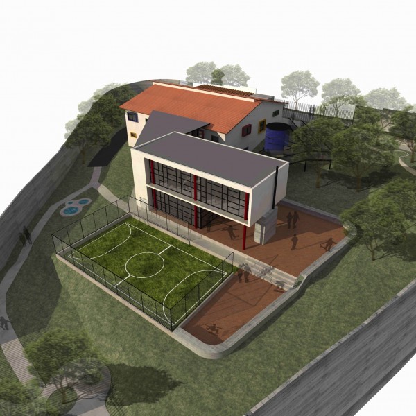 Vista geral do projeto de reforma e ampliação do Centro Cultural Popular Fé e Alegria no bairro do Grajaú – SP. Em primeiro plano o anexo (construção nova).