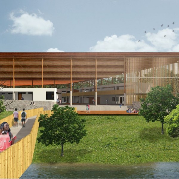 Escola de Ensino Médio / Colégio Universitário: O pátio coberto sem paredes permite a ventilação cruzada no sentido Norte-Sul. Em primeiro plano um mirante para o parque proposto.