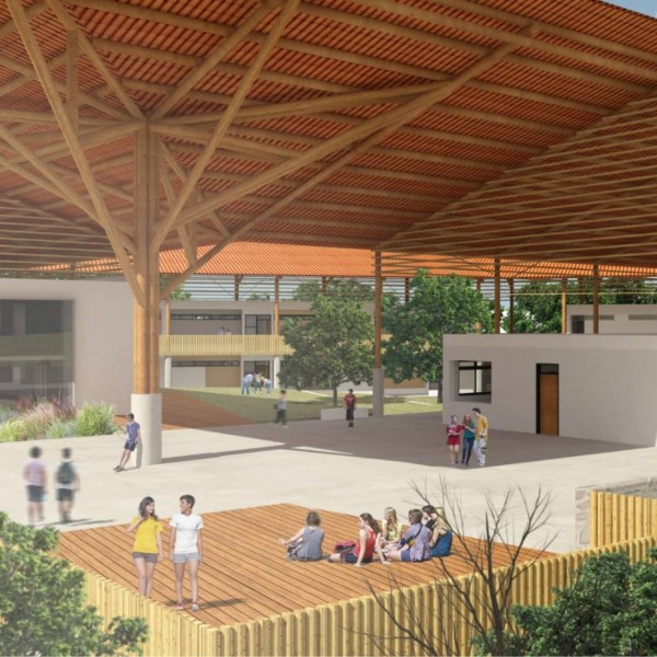 Escola de Ensino Médio / Colégio Universitário: O pátio coberto sem paredes permite a ventilação cruzada no sentido Norte-Sul. Em primeiro Plano um mirante para o parque proposto.