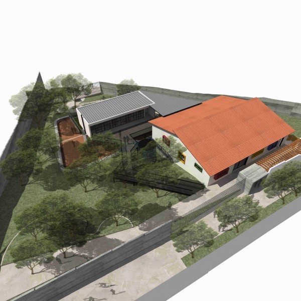 Vista geral do projeto de reforma e ampliação do Centro Cultural Popular Fé e Alegria no bairro do Grajaú – SP. Em primeiro plano o edifício existente.