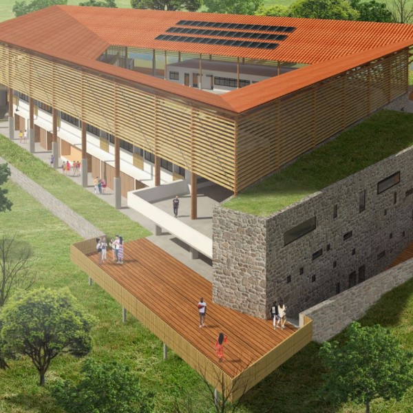 Escola de Ensino Médio / Colégio Universitário: Vista Geral com decks de contemplação do entorno aos fundos. Todas as salas de aula possuem aberturas para ventilação natural em fachadas opostas (Norte-Sul), permitindo a ventilação cruzada.