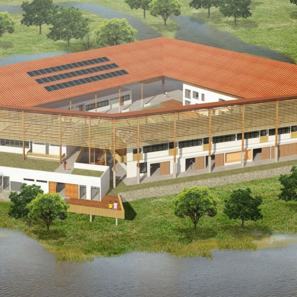 Escola de Ensino Médio / Colégio Universitário: A cobertura é uma estrutura leve e independente, solta da laje, permitindo a ventilação natural cruzada, que resfria as circulações e salas de aula. Seu desenho foi pensado para obter o maior aproveitamento das águas pluviais, e possui um sitema que trata a água e distribui por todo o edificio, para usos menos nobres, reduzindo o consumo de água potável.