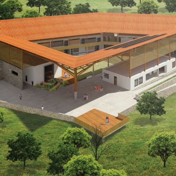 Escola de Ensino Médio / Colégio Universitário: Vista Geral do edifício com pontes de conexão de pedesteres e bicicletas a Escola de Ensino Infantil e Fundamental e ao bairro.