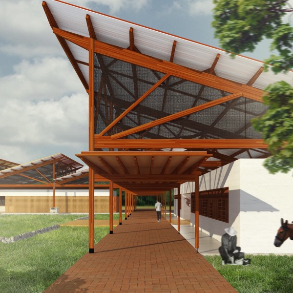 Etapa 1: Eixo estrututrador de tijolos de solocimento intertravado, conexação entre os edifícios propostos.