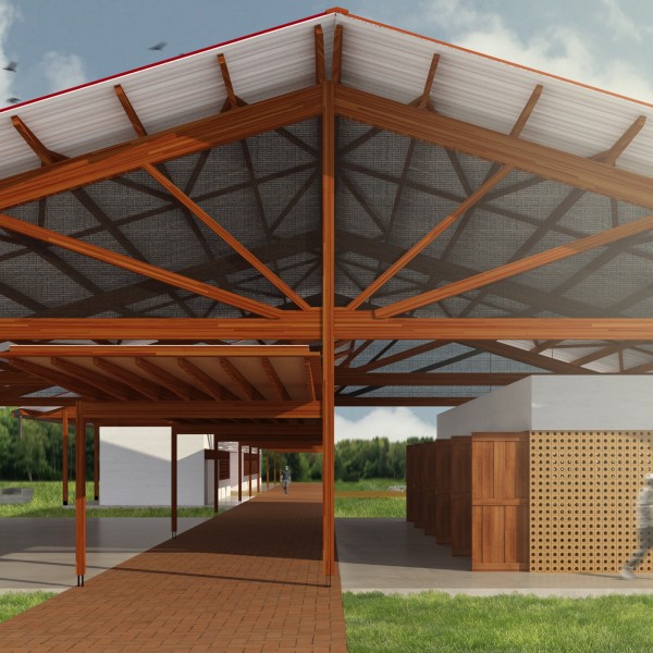 Etapa 1: Optou-se pela estrututa em MLC – Madeira Laminada Colada, Alvenarias em Steel Frame, Elementos vazados de Solocimento, Pisos de Concreto Queimado e Tijolos de Solocimento Intertravados. A cobertura é em telha trapezoidal Termo-Acústica.