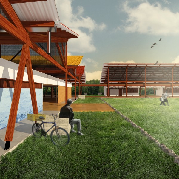 Etapa 1: As pinturas são caidas, remetendo a tradição local e as praças demarcadas por muros de arrimo de concreto ciclópico.