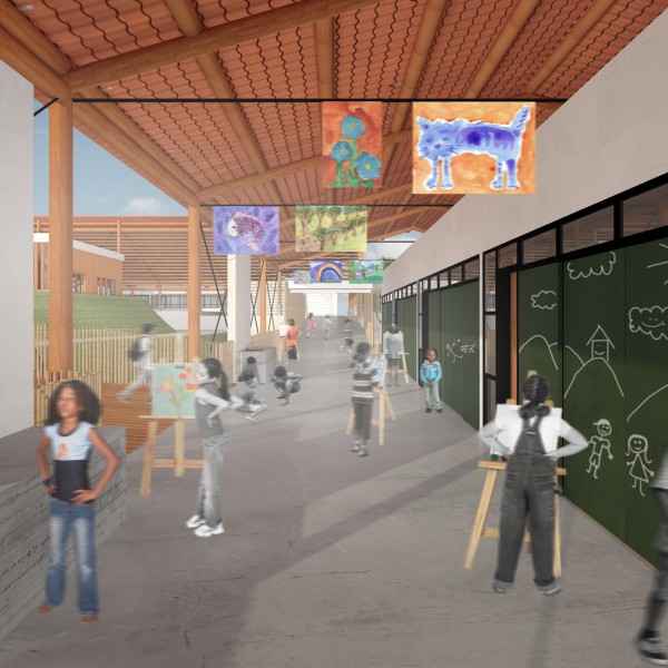 Escola de Educação Infantil e Fundamental: Ateliêr de Artes nos corredores de acesso as salas de aula.