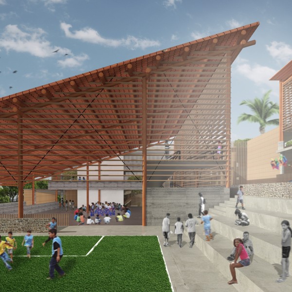 Escola de Educação Infantil e Fundamental: Campo de Futebol / Arquibancada, e galpão (multiuso) ao fundo.