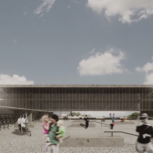 Vista da Biblioteca suspensa sobre a praça de acesso / mirante da Represa Billings.