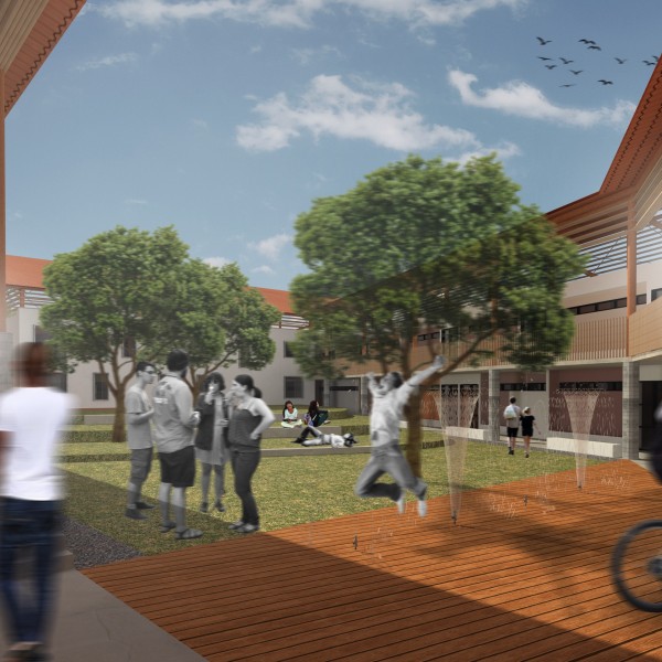 Escola de Ensino Médio / Colégio Universitário: Pátio Interno / Praça, Deck de Madeira (jatos d´água).