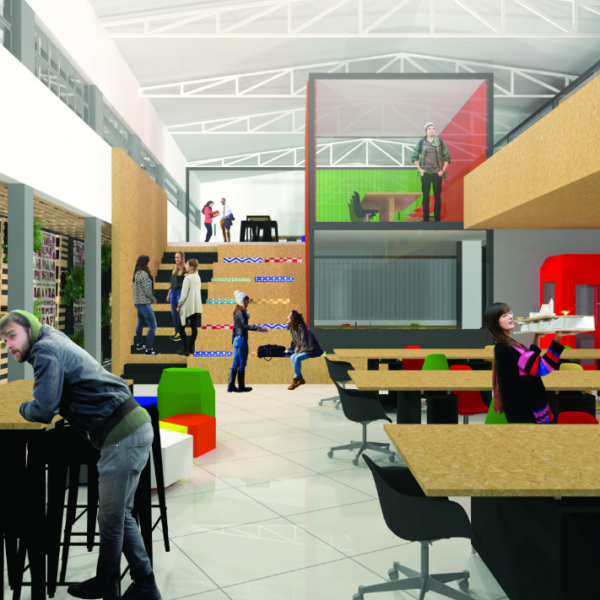 O design priorizou a transparência, liberdade entre os espaços e a utilização de mobiliários coloridos e reutilizados. As telhas metálicas coloridas também são utilizadas internamente como divisórias dos ambientes.