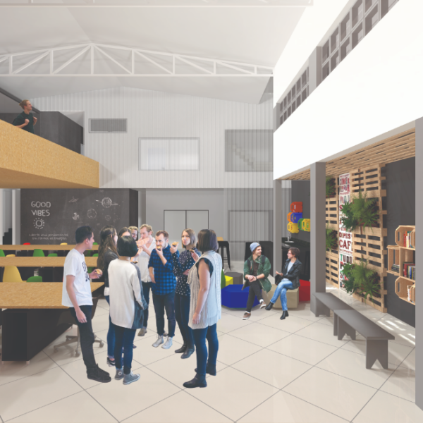 Interação, criação e flexibilidade nortearam a nossa proposta. Ao fundo a telha metálica galvanizada perfurada foi utilizada como elemento estético, isolando as salas privativas da visão dos transeuntes, permitindo quem esta dentro delas tenha a visão do lado externo protegendo a sua intimidade.