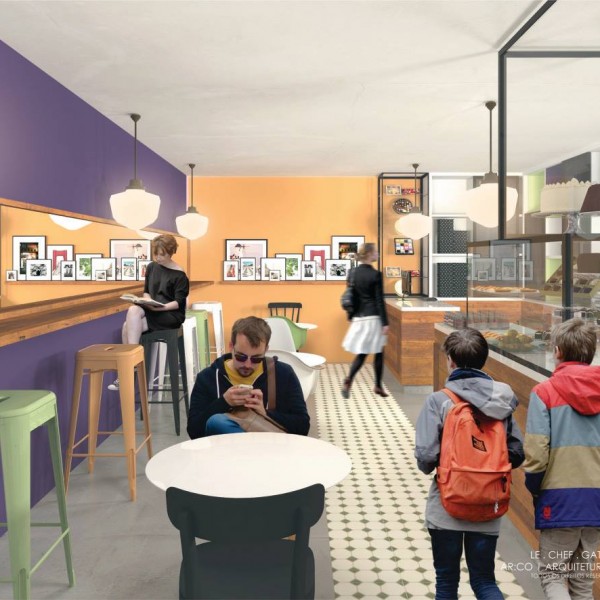 Vista 2 da área de estar e do balcão de atendimento / serviço.