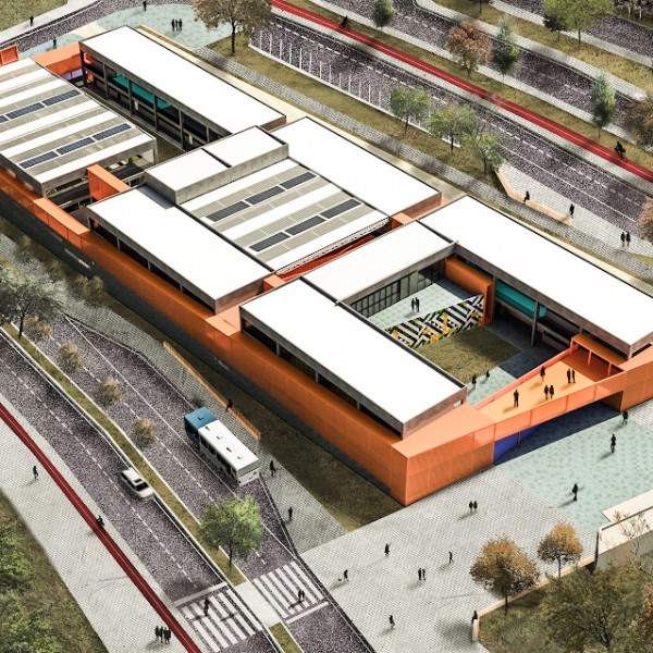 Vista aérea do Centro Educacional (CED) proposto. Ressaltamos que como uma gentileza urbana doamos parte do lote para um centro comunitário destinado a comunidade do entorno, praças de estar, fruição urbana, bicicletários e área para espera de transporte coletivos.