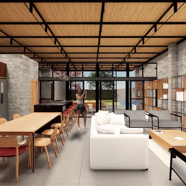 Vista da Sala de Estar / Jantar / Cozinha para a Varanda Coberta.