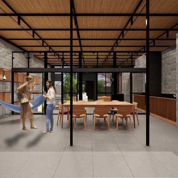 Vista da Varanda Coberta para a Sala de Estar Integrada.