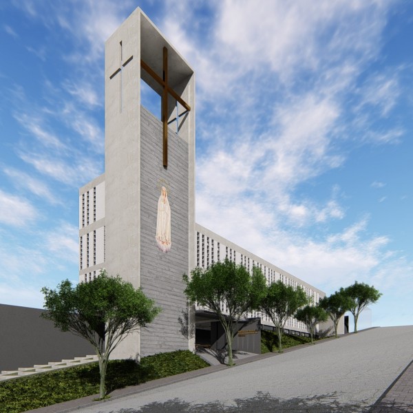 Vista de dia da fachada frontal e lateral da igreja, acesso de pedestres a celebração e ao salão de festas da comunidade.