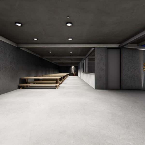 Vista de noite do salão de festas da comunidade.