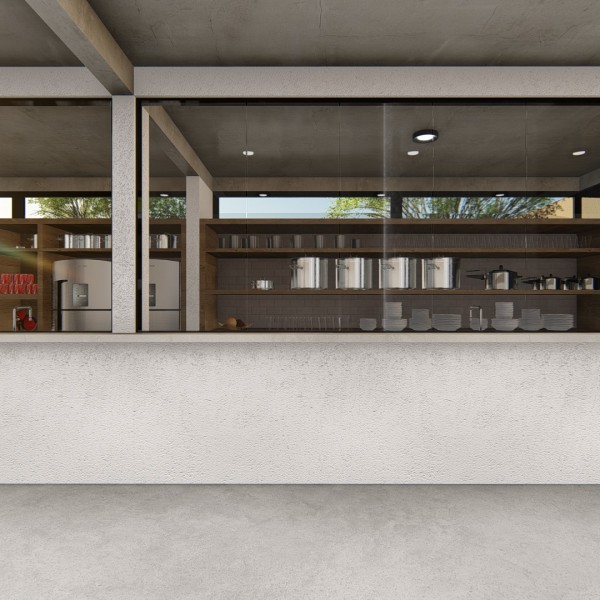 Vista de dia da cozinha do salão de festas da comunidade.