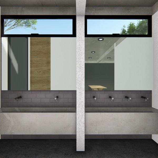 Vista dos bebedouros / pia do salão de festas da comunidade.