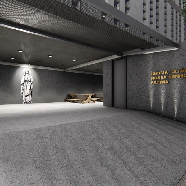 Vista de noite do acesso de pedestres ao salão de festas da comunidade.