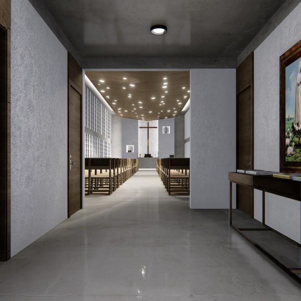 Vista noturna do Hall de acesso a nave da igreja.