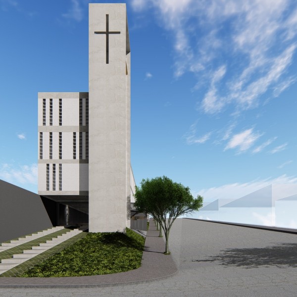 Vista de dia da fachada frontal da igreja, acesso de pedestres a celebração e ao salão de festas da comunidade.