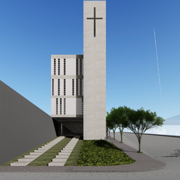 Vista de dia da fachada frontal da igreja, acesso de pedestres a celebração e ao salão de festas da comunidade.