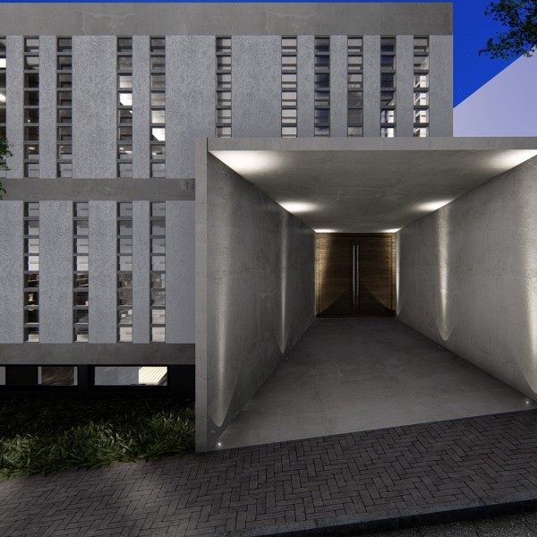 Vista de noite do acesso de pedestres a celebração da igreja.