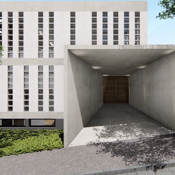 Vista de dia do acesso de pedestres a celebração da igreja.