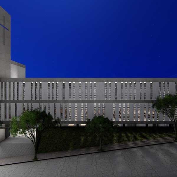 Vista de noite da fachada lateral da igreja, acesso de pedestres a celebração e ao salão de festas da comunidade.