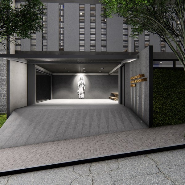 Vista de noite do acesso de pedestres ao salão de festas da comunidade.