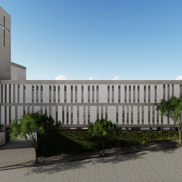 Vista de dia da fachada lateral da igreja, acesso de pedestres a celebração e ao salão de festas da comunidade.