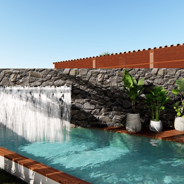 Detalhe da cascata da piscina.