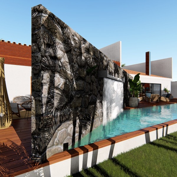 Detalhe da cascata da piscina.