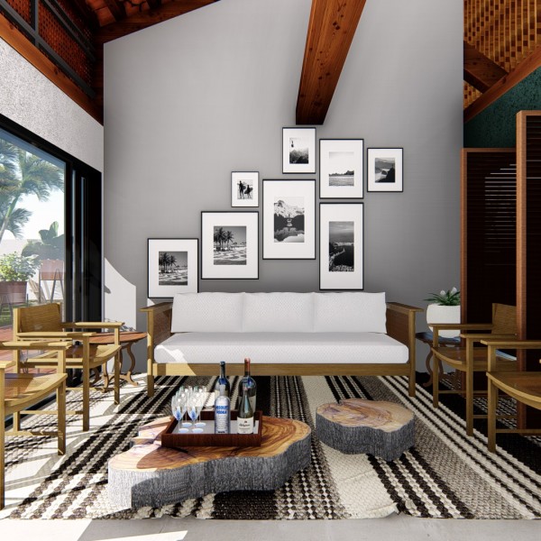 Vista da sala de estar do pavilhão de hóspedes.