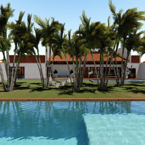 Vista da piscina para o pavilhão de hóspedes.