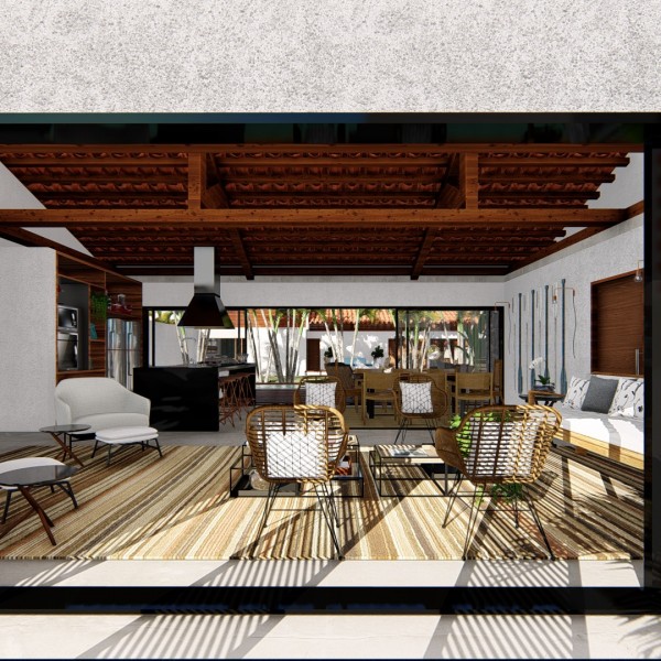 Vista da Sala de Estar, Sala de jantar e Cozinha integrados.