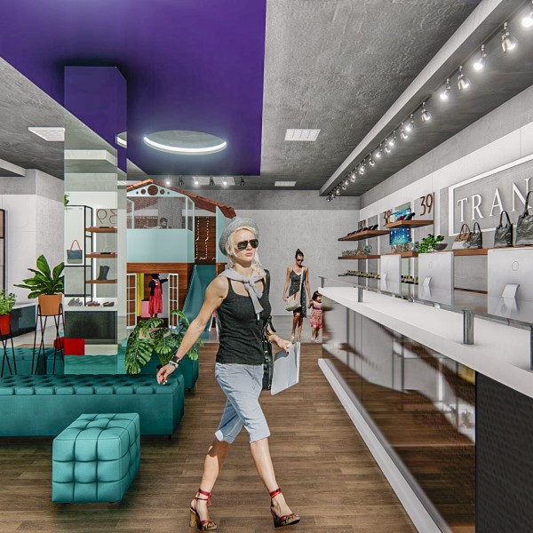 Vista da área de exposição do interior da loja / estar.