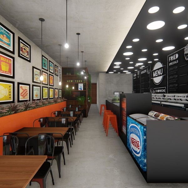 Vista do Salão com balcão de atendimento ao lado direito.