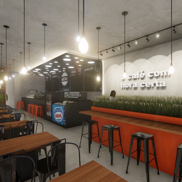 Vista da área de alimentação com o balcão de atendimento ao fundo.