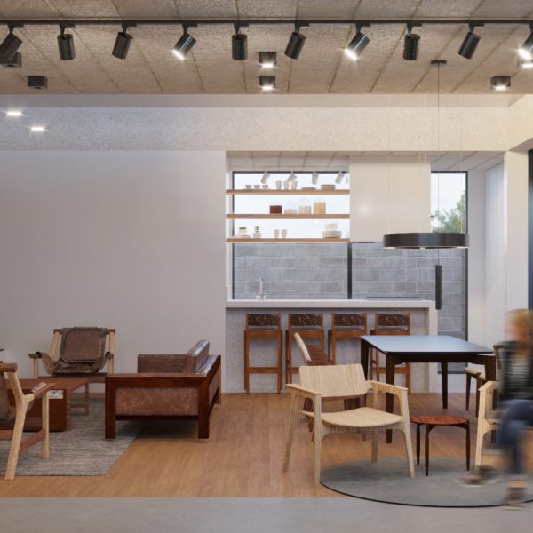 Vista da Sala de Estar / Jantar / Cozinha integrados.