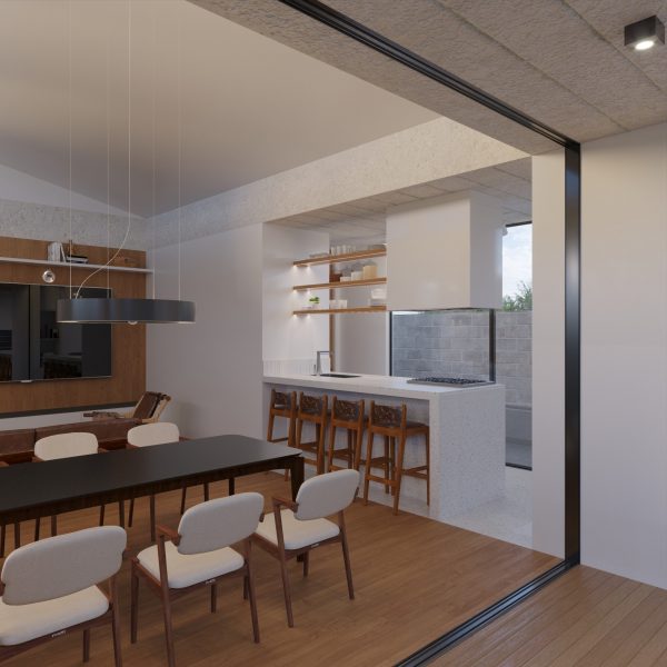 Vista da Varanda Coberta para a Sala de Jantar / Cozinha.