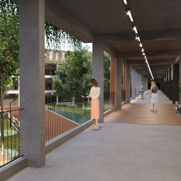 Vista do corredor do Pav. Superior / varanda para a Praça Central.