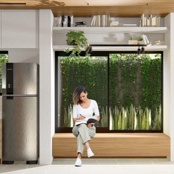 Vista da Sala de Estar e Cozinha integrada.