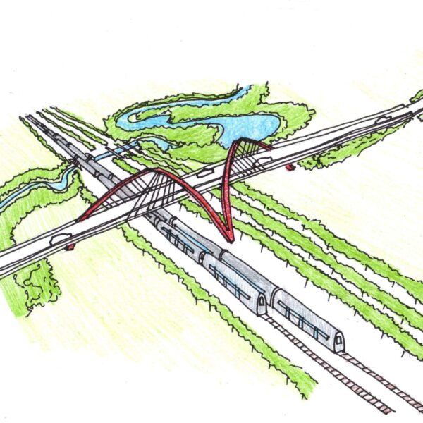 Croqui de concepção da ponte de conexão sobre a linha férrea reativada para o transporte de passageiros.