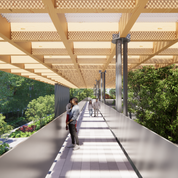 Passarelas Internas Cobertas por Estrutura em Madeira Laminada Colada.