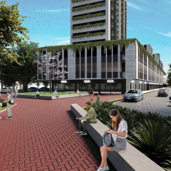 Vista da Praça para o edifício hibrido, ressaltando a fachada ativa.